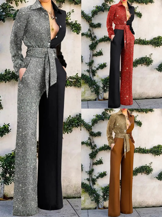 Women Single Breasted Button Overall Pants Jumpsuit High Waist Sashes Turn Down Neck Jumpsuits Colorblock Patchwork.