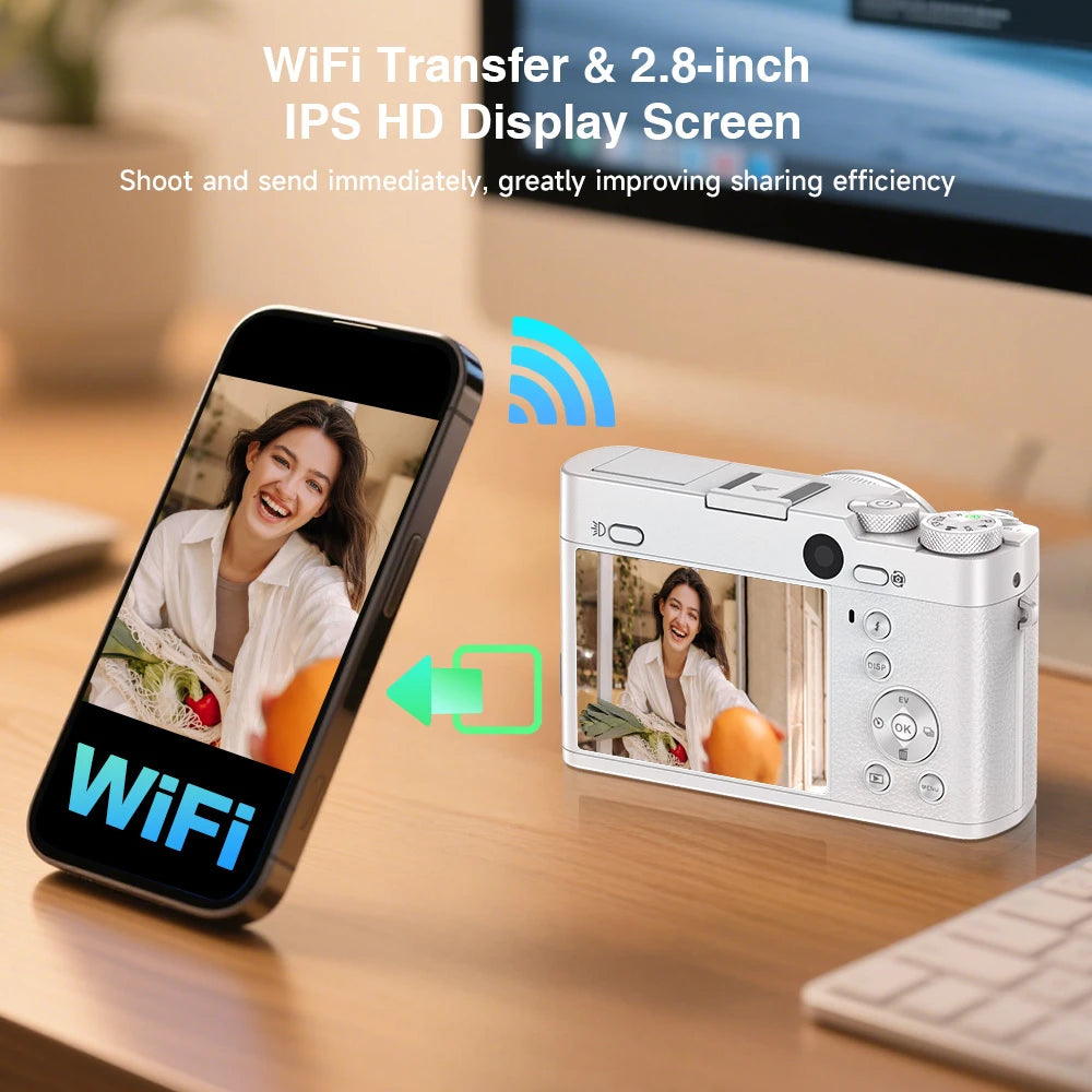 5K 64MP WiFi Digital Camera, 6X Optical Zoom, 30FPS Vlogging Camera, Rear & Front Cameras for Photography and Video, 64GB Card.