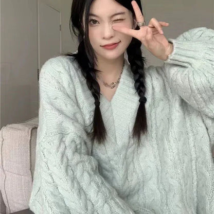 Herbst Winter Frauen Pullover Harajuku Übergroßen Gestrickte Pullover Koreanische Langarm V-ausschnitt Strickwaren Preppy Solide Lose Jumper