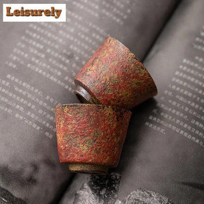 2pc/lot Kiln Change Red Old Rock Mud Horseshoe Teacup Handmade Tea Bowl Single Cups Smelling Cup Jianzhan Master Cups Tea 45ml.