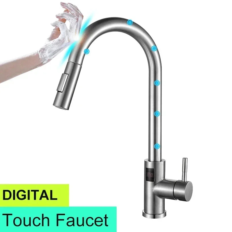 Brushed Gold Digital Kitchen Faucet Shenducs 304 Stainless Steel Hot Cold Kitchen Sink Mixer Tap Sensor Touch on Kitchen Faucet