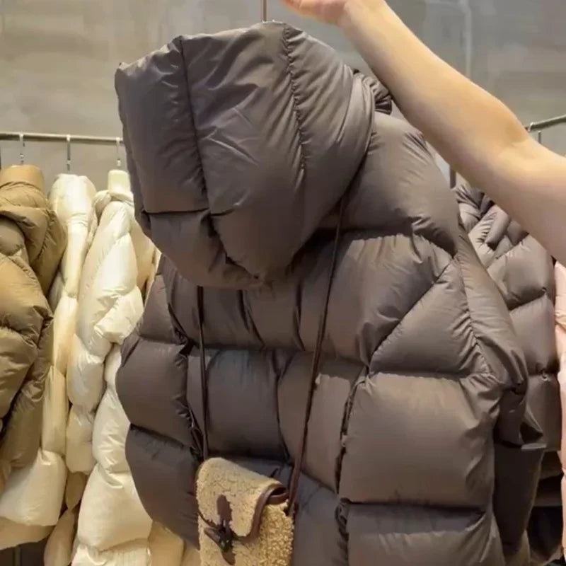 90 % weiße Entendaunen-Damen-Daunenjacken, 2025, neue weibliche Stehkragen-Pufferjacke, lässige lose Parkas mit Kapuze.