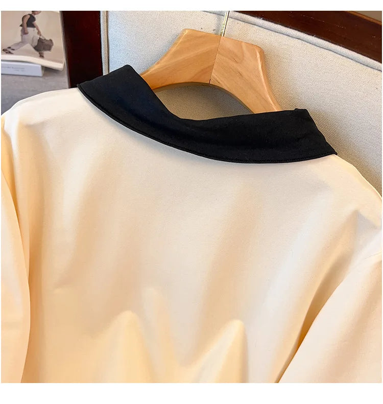 175kg plus size Damen büste Herbst lose Revers Sweatshirt Langarm lässig Top schwarz Aprikose 6xl 7xl 8xl 9xl 10xl 11xl