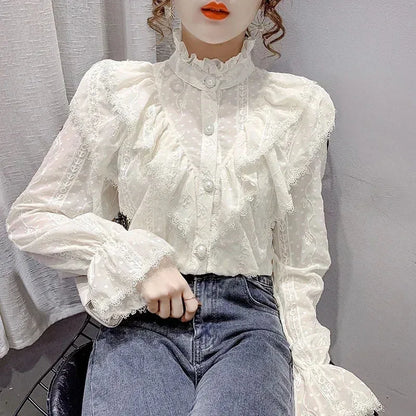 Long Sleeve Loose Spring Fashion Button White Shirt Elegant Stand Collar Pleated Tops Casual Ruffle Lace Blouse Blusas 15832.