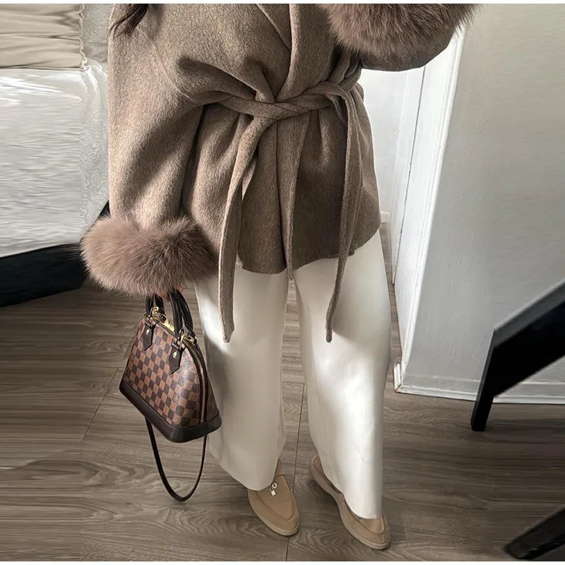 Frauen Mäntel Elegante Revers Plüsch Mit Gürtel Faux Pelz Hülse Tweed Offenen Mantel Weibliche 2025, Herbst Winter Mode Dame streetwear.