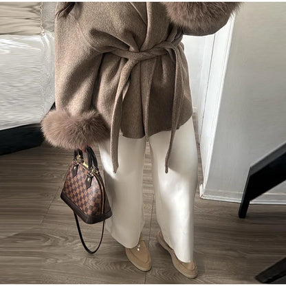 Frauen Mäntel Elegante Revers Plüsch Mit Gürtel Faux Pelz Hülse Tweed Offenen Mantel Weibliche 2025, Herbst Winter Mode Dame streetwear.
