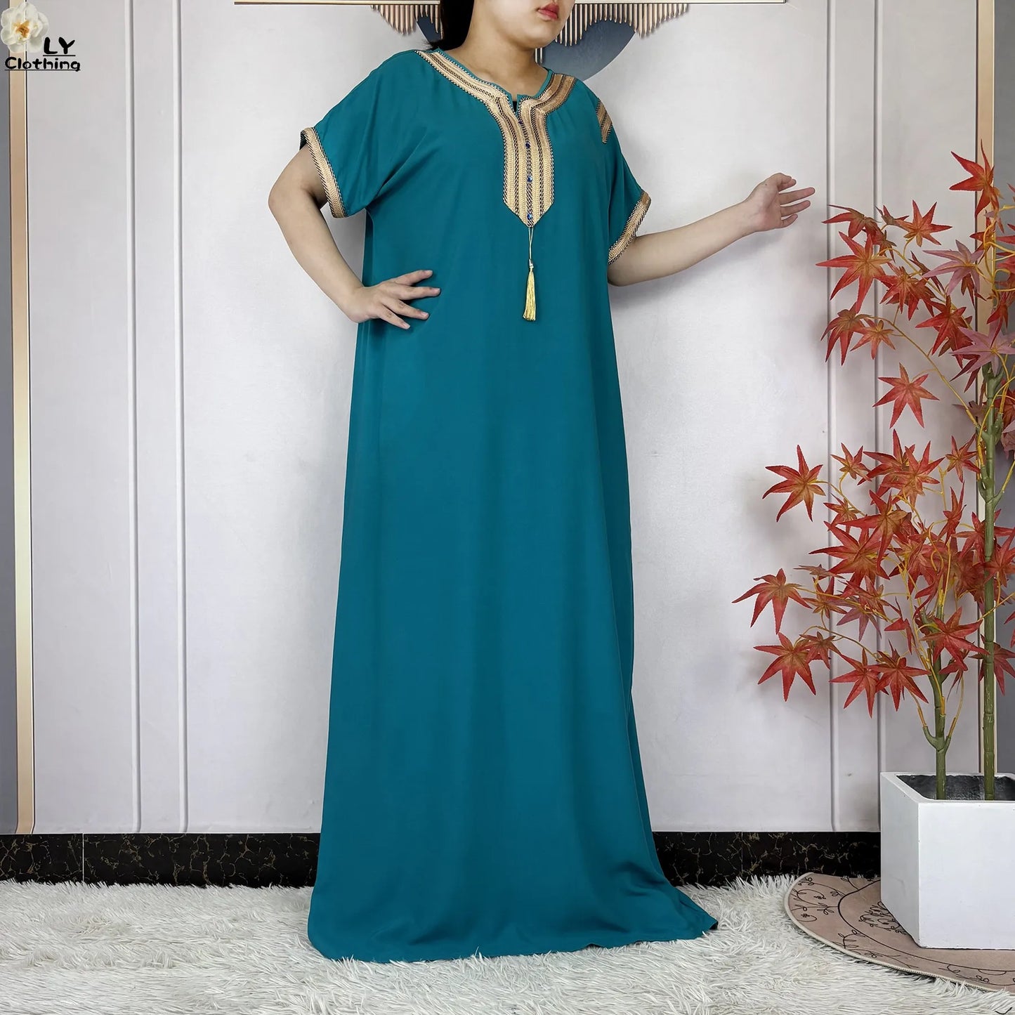New Muslim Abayas Summer Short Sleeve African Dashiki Tassels Cotton Loose Caftan Lady Maxi Islam Casual Dresses With Headscarf.
