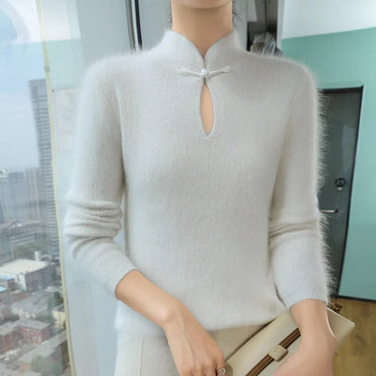 2024 autumn winter new 100% mink cashmere sweater women's pullover slim-fit long sleeve solid color stand collar bottom knitwear