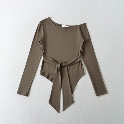 Sexy Long Sleeve T-Shirt Women's Waist Cinched Shoulder Bared Strap Design Autumn 2025 Irregular Halter Neck Top for Trendy Girl