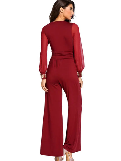 New In Spring Summer Women's Jumpsuit Black V-neck Mesh Splicing Straight One-piece Female Jumpsuit Sexy Streetwear Clothes.