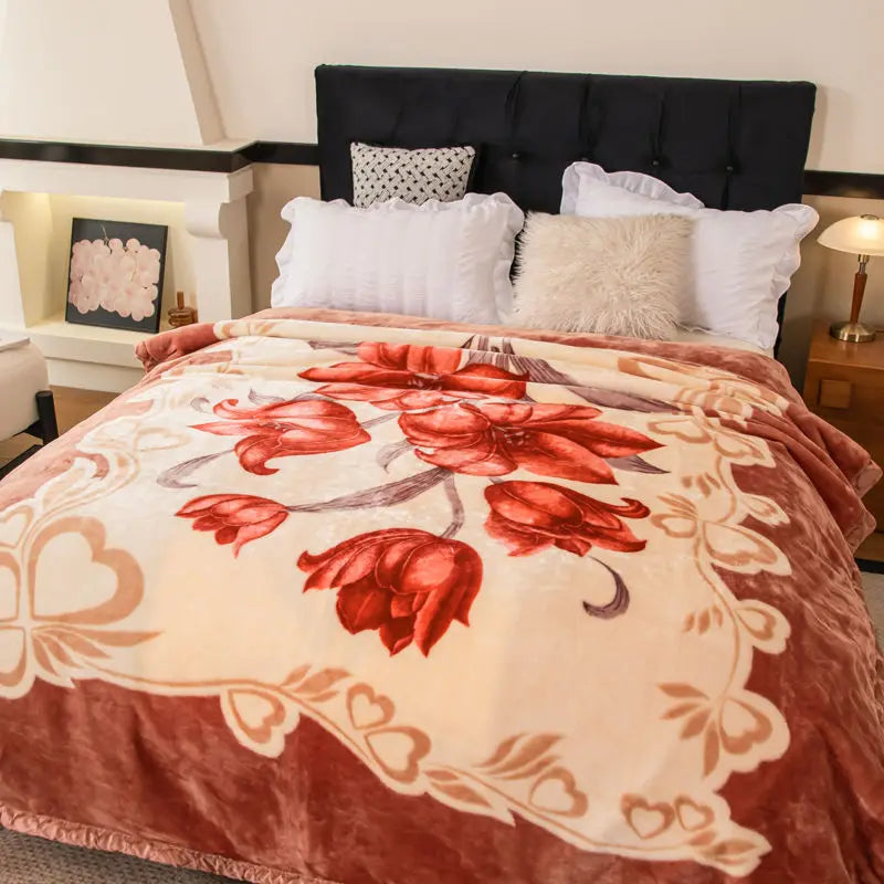 Nordic Style Geometric Printed Blanket Two Person Winter Thickened Quilt Coral Fleece Material Easy To Maintain Plush Bed Sheets.