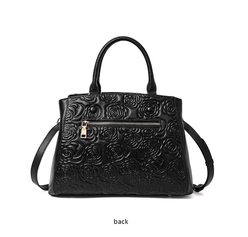 Leather handbag high sense handbag top layer leather rose pattern slung shoulder bag.