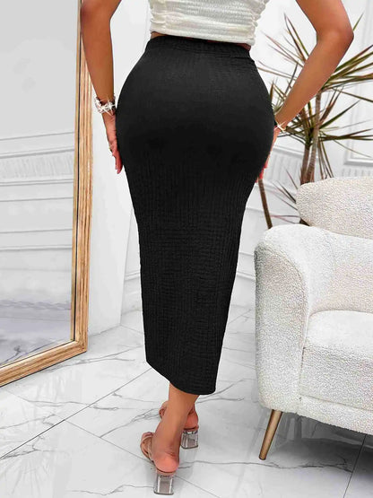 Fairyshely Sexy Black Knitted Long Skirt Women 2025 Summer Knot High Waist Midi Skirt Ladies Elegant Split Wrap Bodycon Skirt.