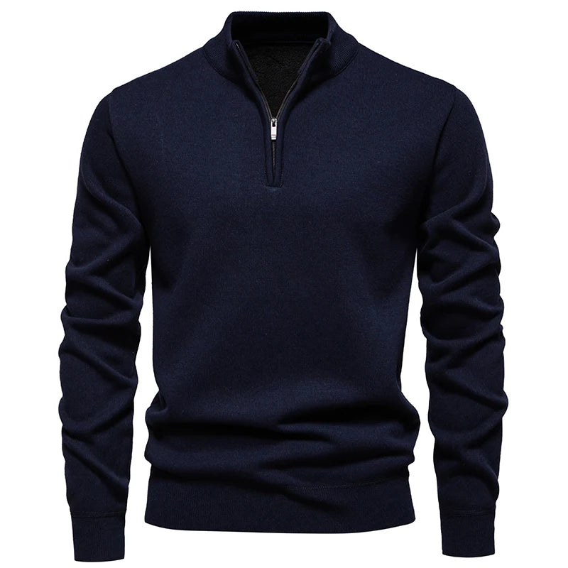 Autumn Winter Men's Half Zipper Knitted Pullovers Solid Slin Fit Casual Sweater Male Fleece Warm Stand Collar Pullover Sweaters