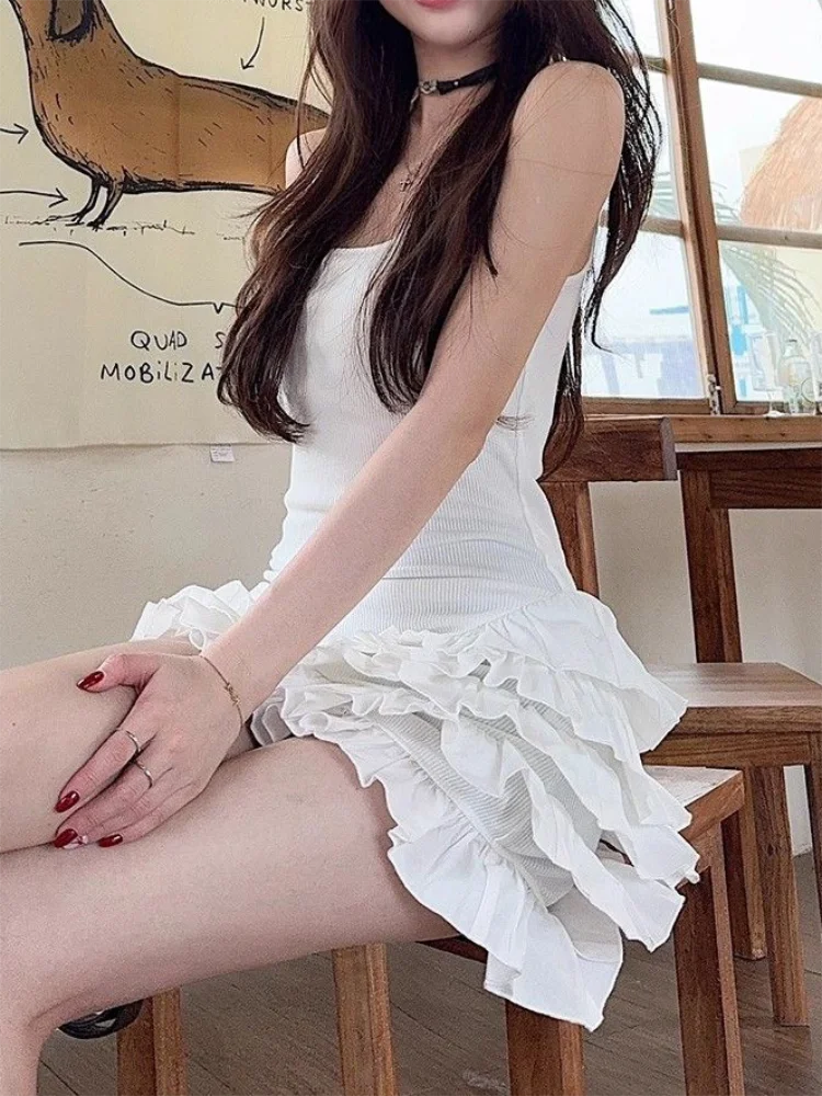 Schickes ärmelloses Y2K-Minikleid für Damen, Sommer, schwarze Kleider, sexy Clubwear, Party, schmale Passform, Rüschen, plissiertes kurzes Kleid.