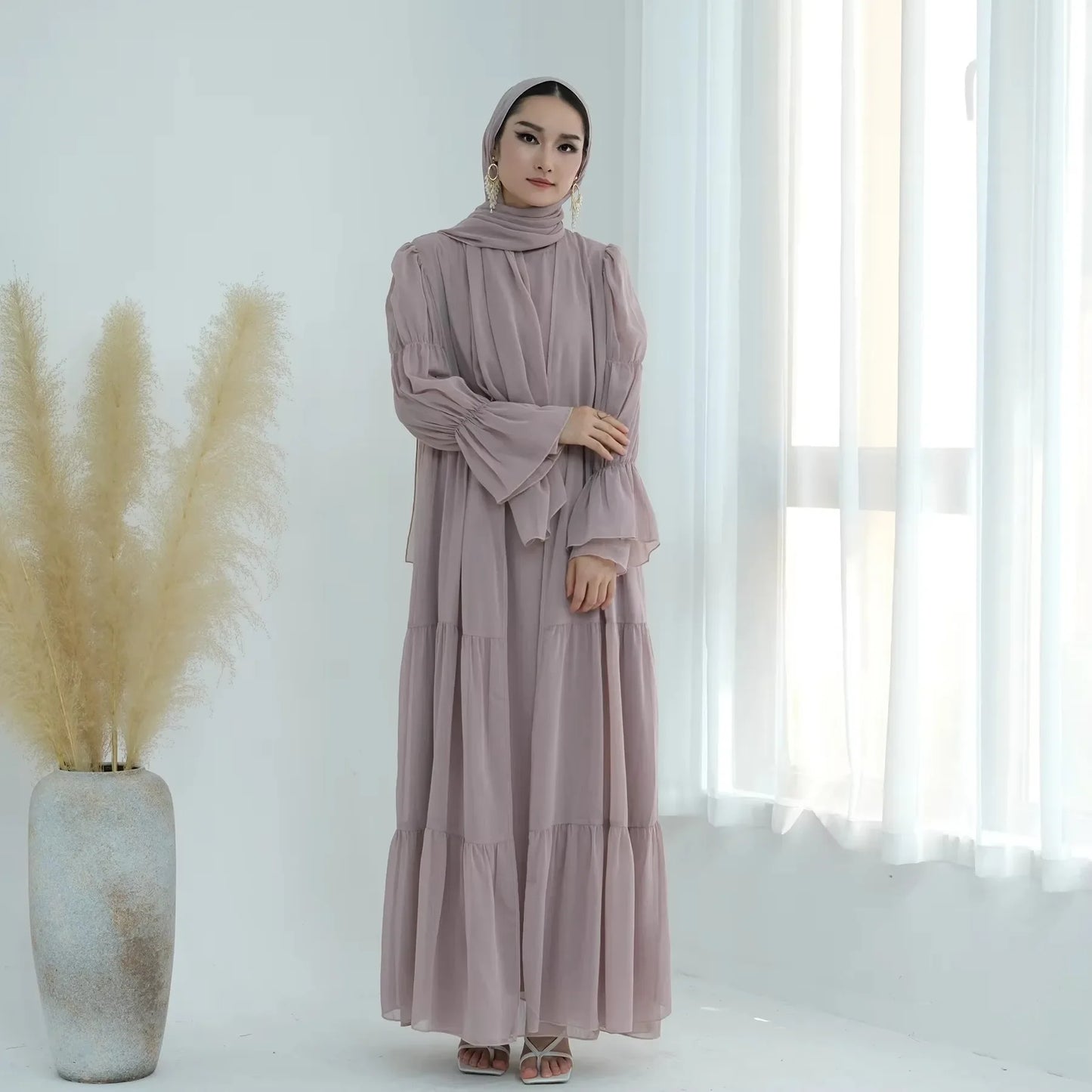 Chiffon Sheer Open Abaya Set Hijabi Muslim Women Party Ramadan Islamic Clothing  Dubai Turkey Kaftan Crepe Kimono Open Abayas.