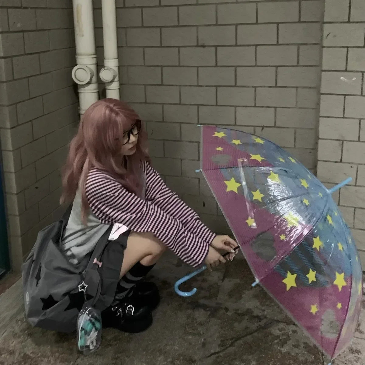 Japan Kawaii Sweet Women T-Shirt O-Neck Stripe Patchwork Long Sleeve Cartoon Print Loose Pullover Casual Cute Top Youth Vitality.