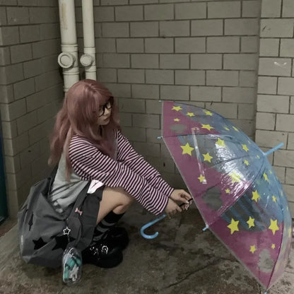 Japan Kawaii Sweet Women T-Shirt O-Neck Stripe Patchwork Long Sleeve Cartoon Print Loose Pullover Casual Cute Top Youth Vitality.