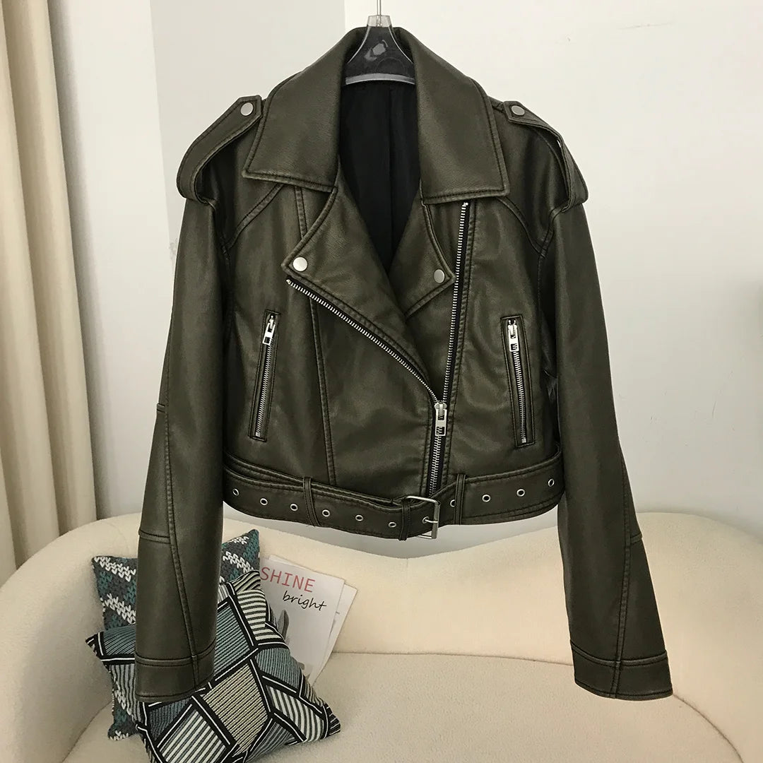 Neue Frühjahr Frau Faux Leder Jacke Chic Vintage Amerikanische straße tragen Kurze Revers Zipper Gürtel Biker Mäntel Mode Streetwear.