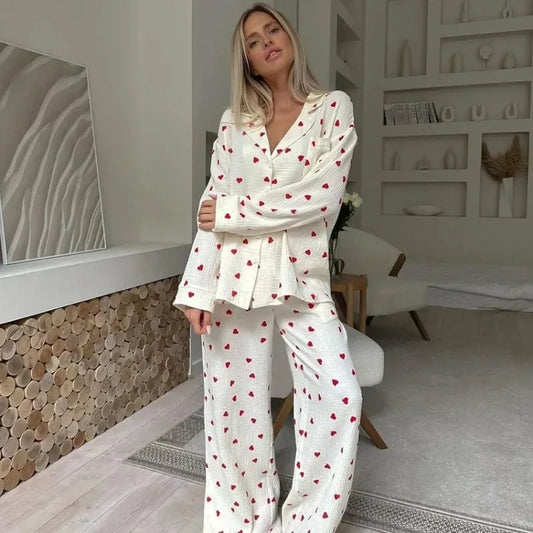 2-Piece Muslin Pajamas Set for Women 100% Cotton Love Printed Comfortable Long-Sleeved Tops Pajamas Home Wear Sleep Autumn Cloth.