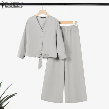 2025 ZANZEA Autumn Outfits 2PCS Women Work Matching Sets Fashion Spring Long Sleeve Blouse Pant Sets Casual Solid OL Tracksuits.