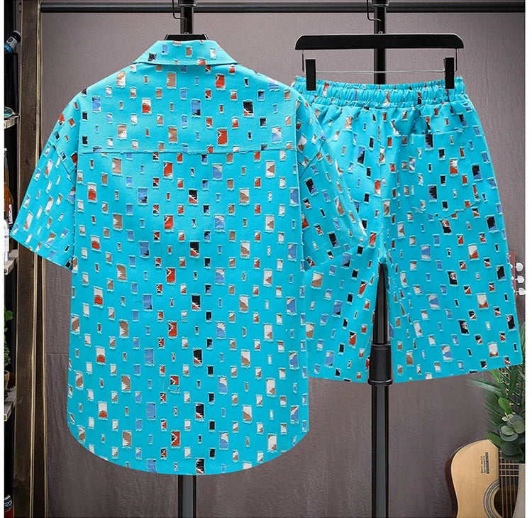 Men Summer 2 Pieces Set Tracksuit Men's Shirt Shorts Harajuku Streetwear Oversized Men Sets Short Outfits Suits.
