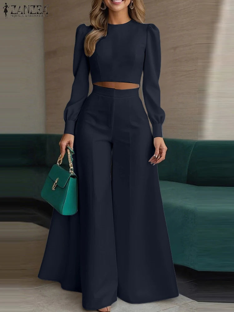 2025 ZANZEA Autumn Pant Sets 2PCS Women Outfits Long Sleeve Cropped Tops Wide Leg Trousers Solid Tracksuits Suit Matching Sets