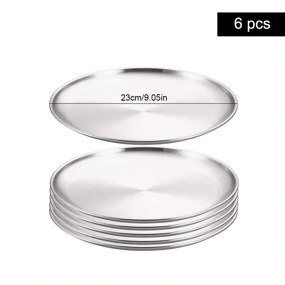 6Pcs High Quality Stainless Steel Bone Spitting Dish Silver Colors Shallow Tray Metal Dining Disc Fruit Meat Round Plate.