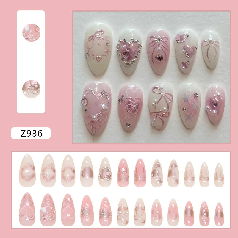 24pcs Sweet False Nail Patches Detachable Fake Nail Tips With Bowknots Love Heart Pearl Design Pink Almond Korean Press On Nail.