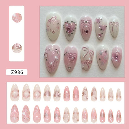 24pcs Sweet False Nail Patches Detachable Fake Nail Tips With Bowknots Love Heart Pearl Design Pink Almond Korean Press On Nail.