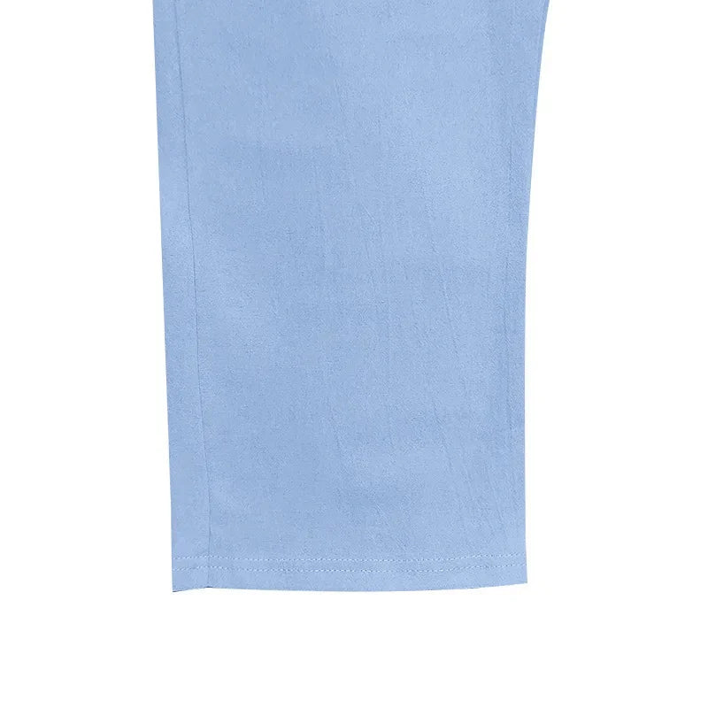 2024 drawstring men's simple fashion solid color casual cotton and linen straight trousers