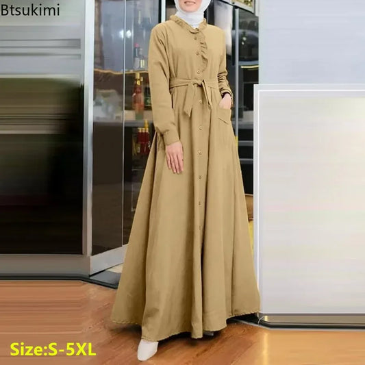 2025 Fashion Arab Style Lace-up Maxi Dress for Women Muslim Abaya Vintage Plain Long Dresses Hijab Islamic Robe Elegante Femme.