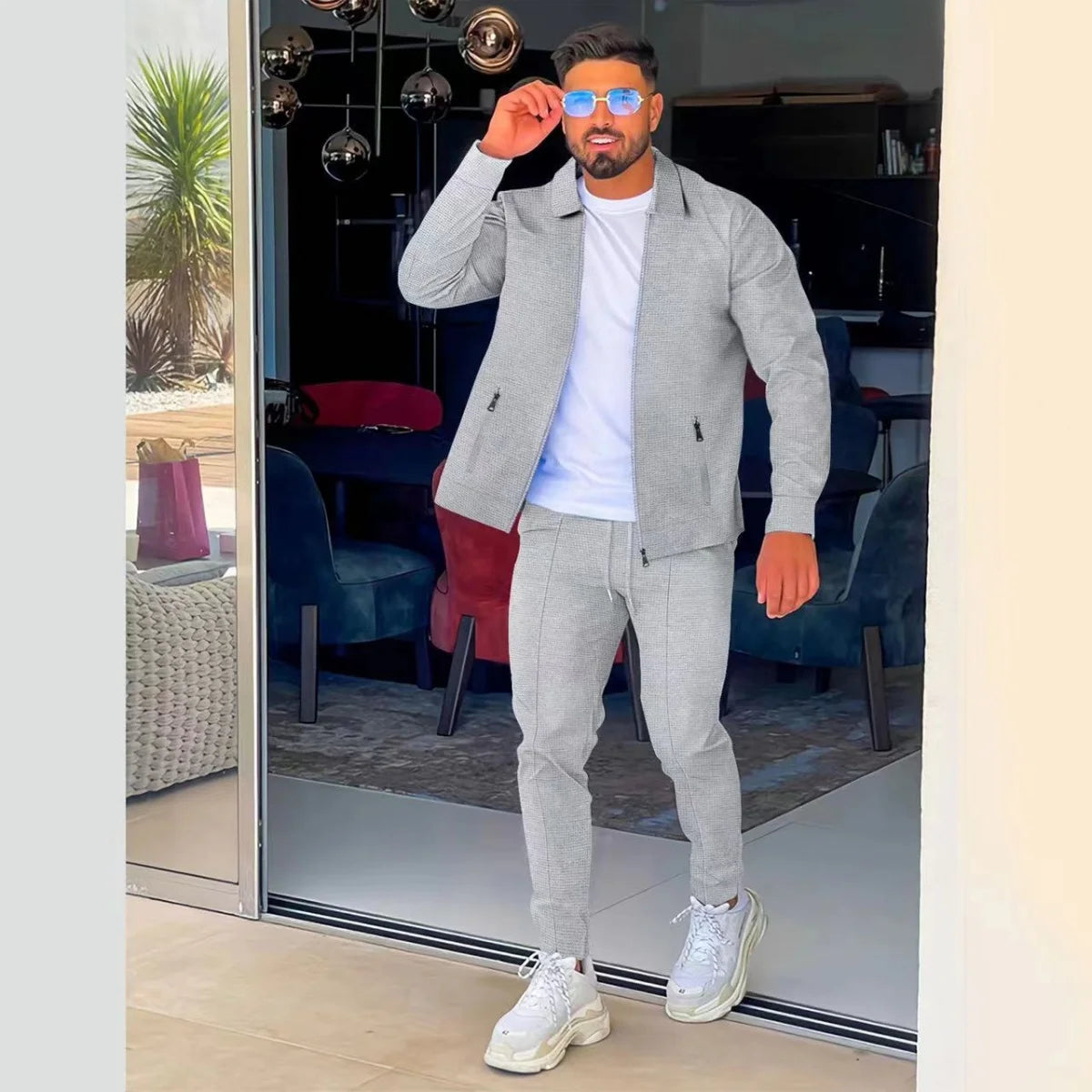 Men's Spring/Autumn Casual Long-Sleeve Zip-Up Shirt Set Loose-Fitting Pure Color Outdoor Sports And Streetwear Two-Piece Outfit.