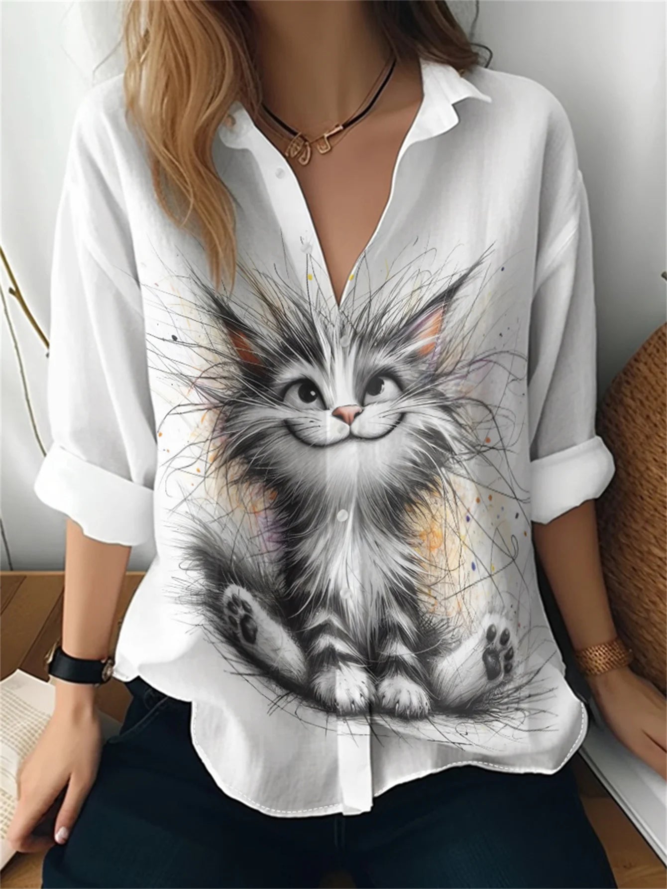 Women's Long Sleeve Shirt Cute Pink Leopard Cartoon Print Casual Button Lapel Casual Tops.