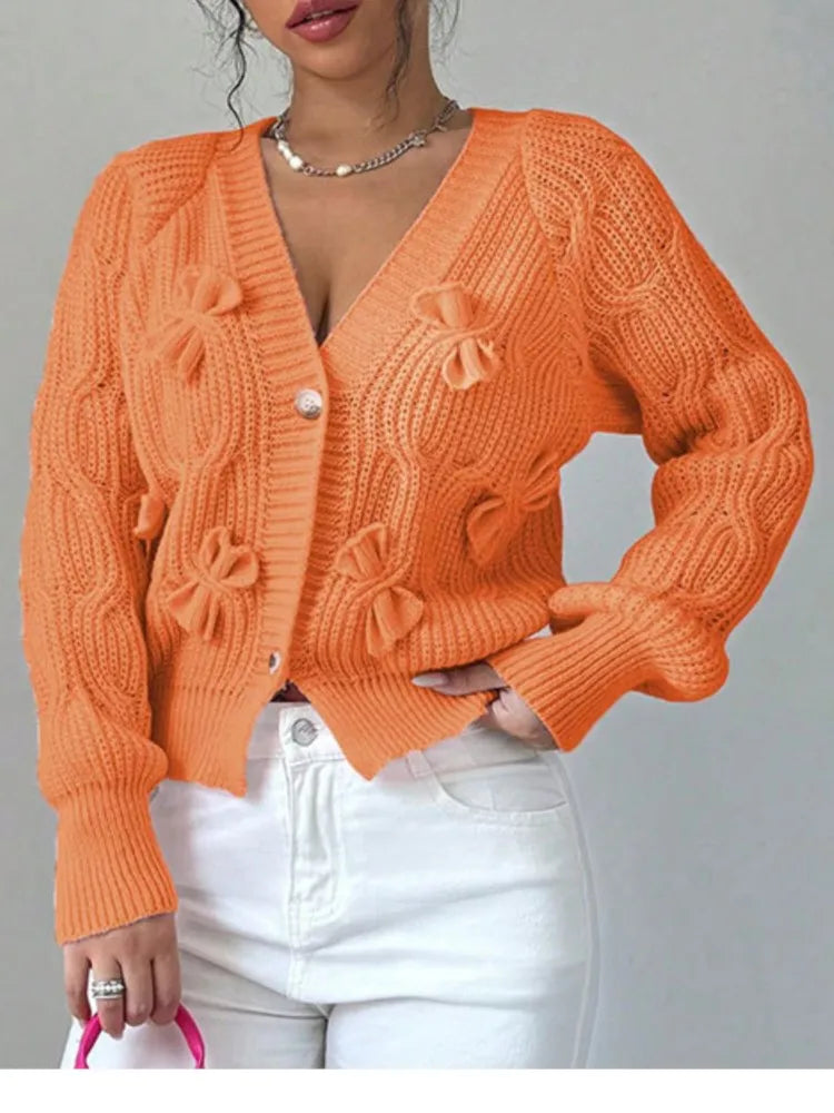 2025 Autumn And Winter Solid Color Long-sleeved Bow Knit Cardigan Jacket New Women's Elegant V-neck Button Versatile Sweater Top