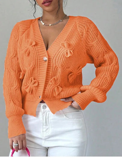 2025 Autumn And Winter Solid Color Long-sleeved Bow Knit Cardigan Jacket New Women's Elegant V-neck Button Versatile Sweater Top