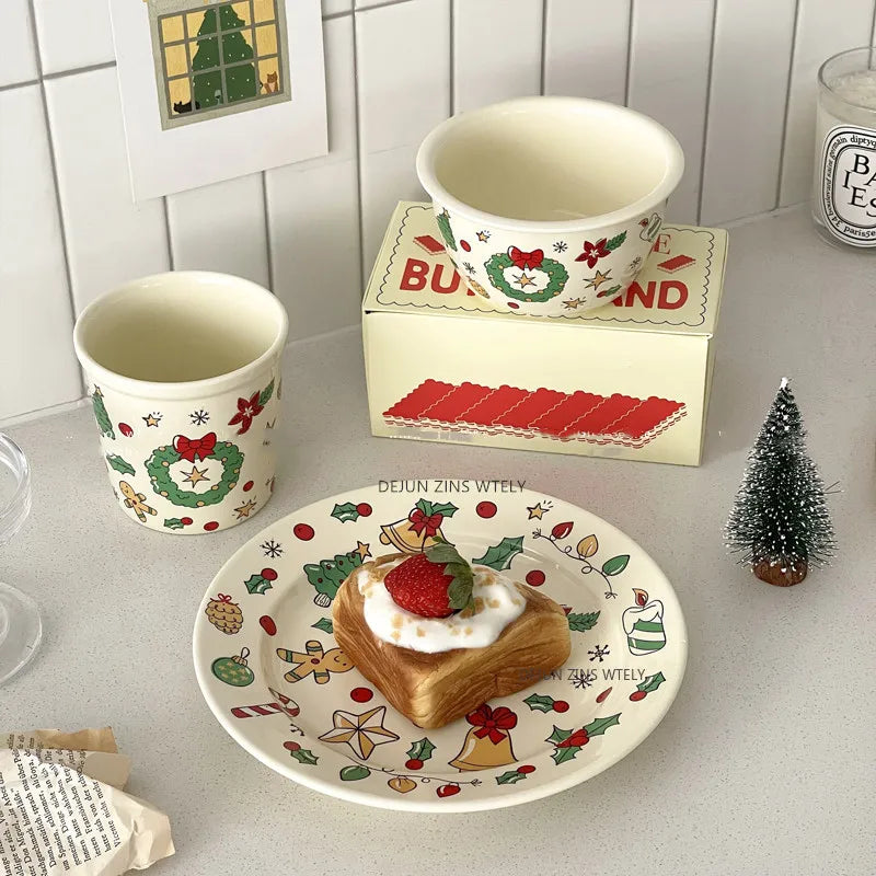 Cute Ceramic Plates Christmas Party Desserts Cake Plates Children's Breakfast Milk Cups Household Kitchen Ceramic Noodle Bowls.