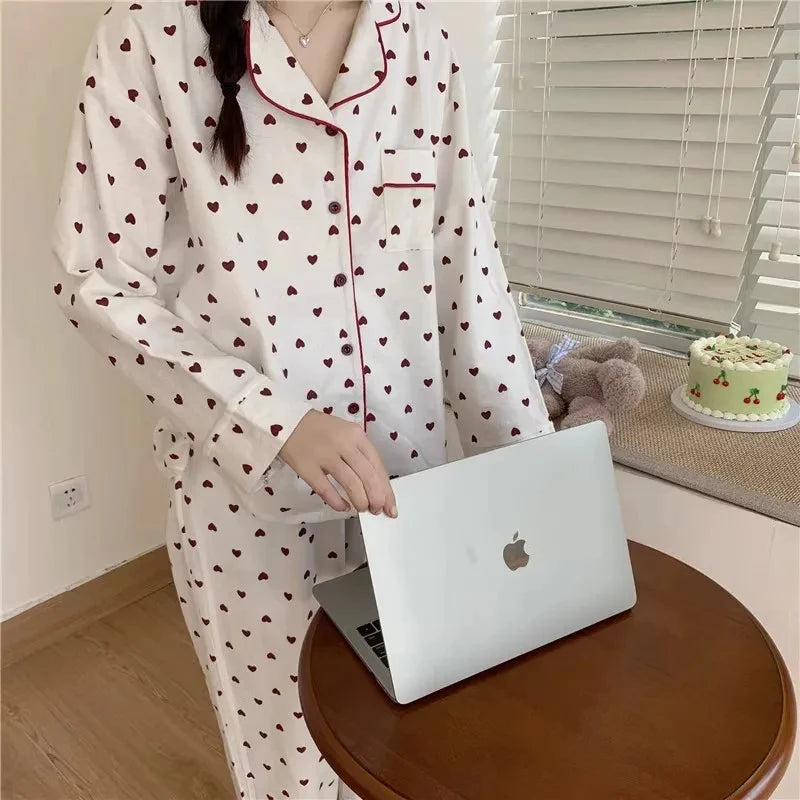 M-XXL Large Size Nightwear Women Sleepwear Autumn and Winter Cardigan Home Wear Peach Heart Long Sleeves School Silk Pajamas.