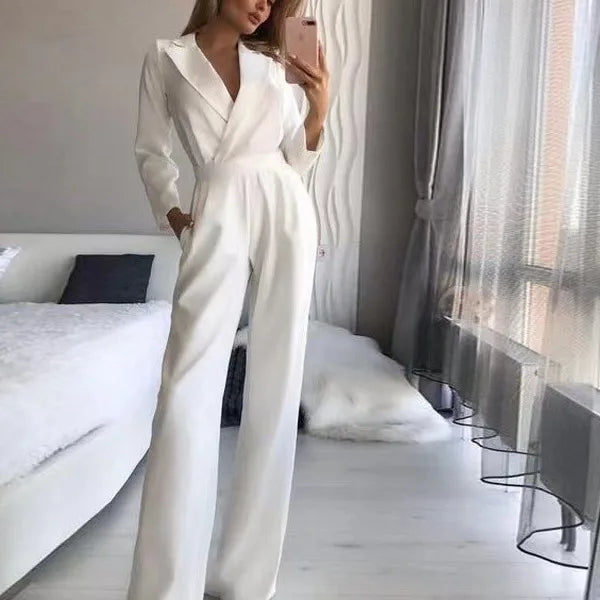 Women Jumpsuits Long Sleeve V Neck Rompers Overalls One Piece Wide Leg Pants Slight Strech Office Lady Solid New Chinese.