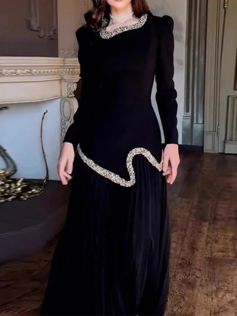 Eid Women Dress Muslim Abaya Pleated Shirt Skirt 2 Piece Set Diamond Party Ramadan Long Dresses Vestidos Largos Arab Long Robe.