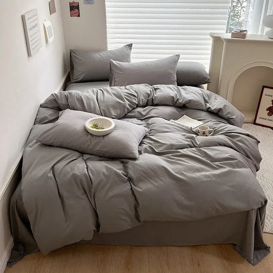 Solid Bed Linen Cotton Bedding Set with Sheet Duvet Cover Pillowcase Single Couple Bedsheet King Queen Double Twin Size.