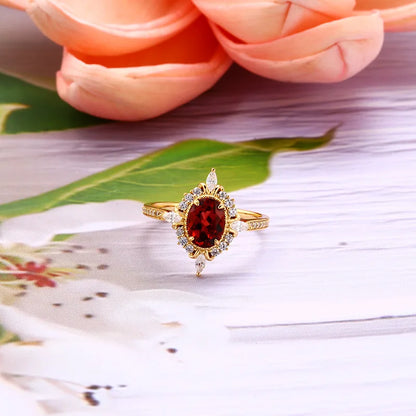 LAMOON Vintage Gemstone Ring Natural Garnet Rings For Women 925 Sterling Silver K Gold Plated Crystal Wedding Engagement RI182.
