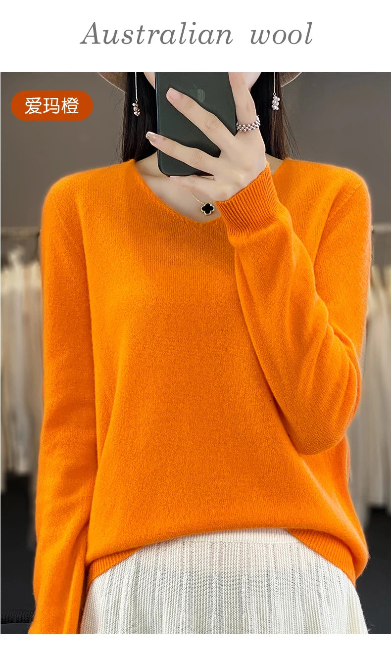 Women 100% Merino Wool Sweater V-Neck Basic Pullover Autumn Winter Cashmere Clothing Long Sleeve Soft Knitwear Tops Solid Color