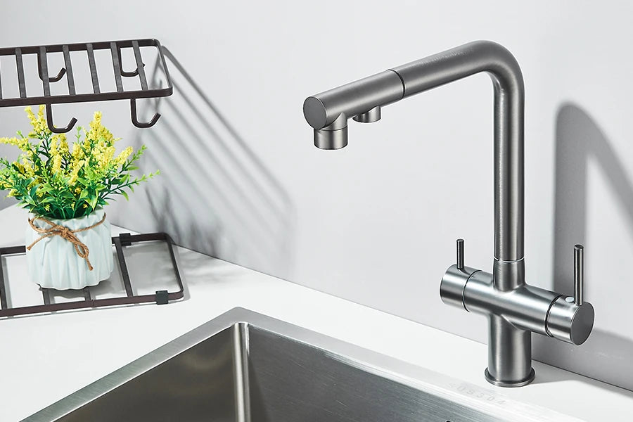 Filtered Kitchen Sink Faucet Pull Out Spray 360 Rotation Water Filter Tap Dual Sprayer Drinking Water Tap Vessel Sink Mixer