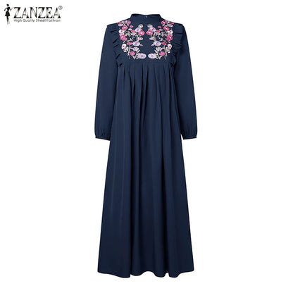 2025 Autumn Muslim Dresses Abaya ZANZEA Women Elegant Long Sleeeve Floral Dress Dubai Robe IsIamic Clothing Maxi Long Sundress.