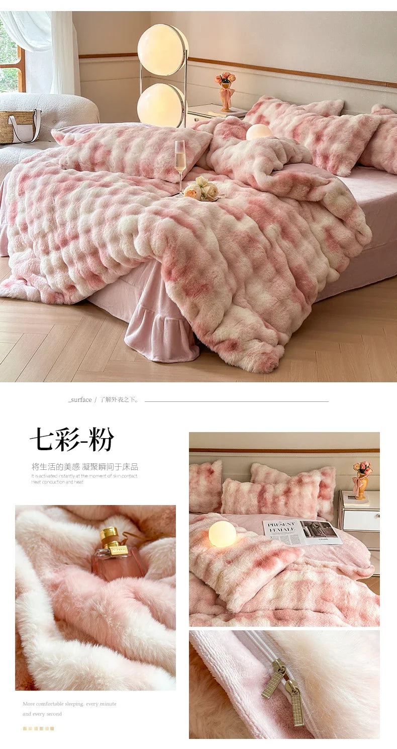 2024 new solid color colorful rabbit wool four-piece set, one side of rabbit fur and one side of milk wool thickened warm