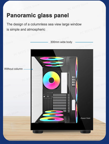 Power Train Seaview Dream MATX ITX Computer Case Panoramic Tempered Glass Side Transparency Without Pillars ATX Desktop Chassis.