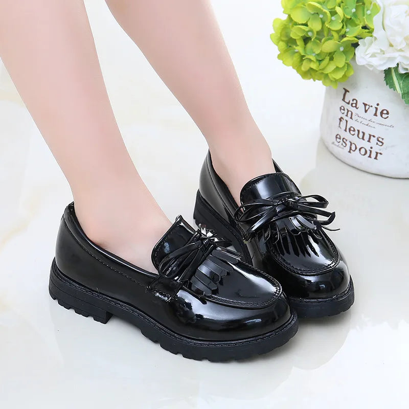 Girls Casual Leather Shoes Kids Flats Tassels with Bow-knot British Style Soft Slip-on Loafers for Wedding Party Bright Skin New.