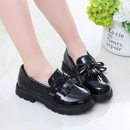 Girls Casual Leather Shoes Kids Flats Tassels with Bow-knot British Style Soft Slip-on Loafers for Wedding Party Bright Skin New.