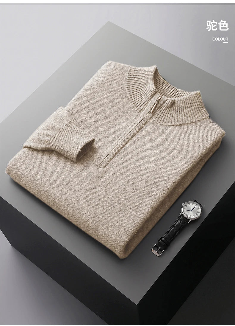 New Half Turtleneck Zipper Men's Pullover 100% Cashmere Sweater Solid Color Casual Versatile Wool Sweater Men's Clothing